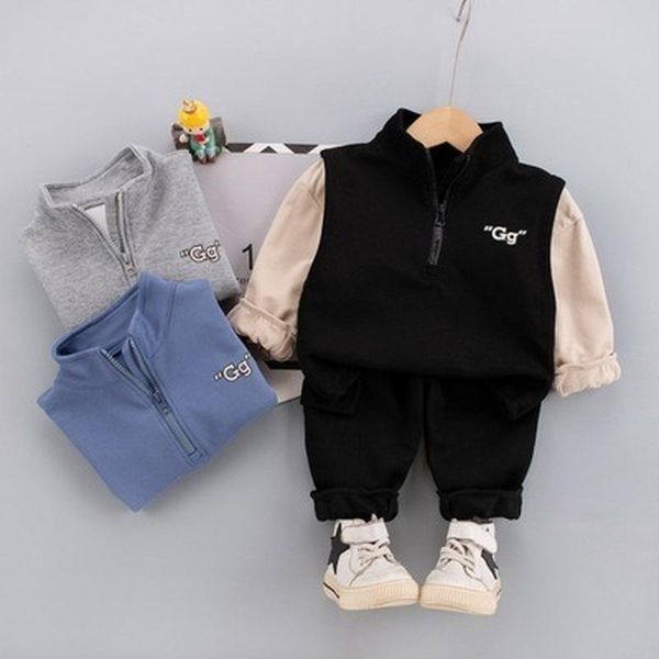 

clothing sets simple and fashionable baby spring autumn suit boys casual half-open collar hit color blouse long two-piece, White