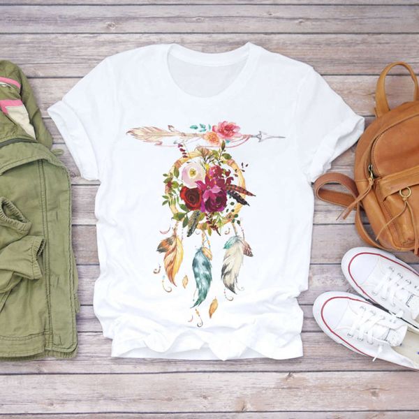 

women summer short sleeve fantasy feather fashion print ladies t-shirt women's graphic t shirts, White