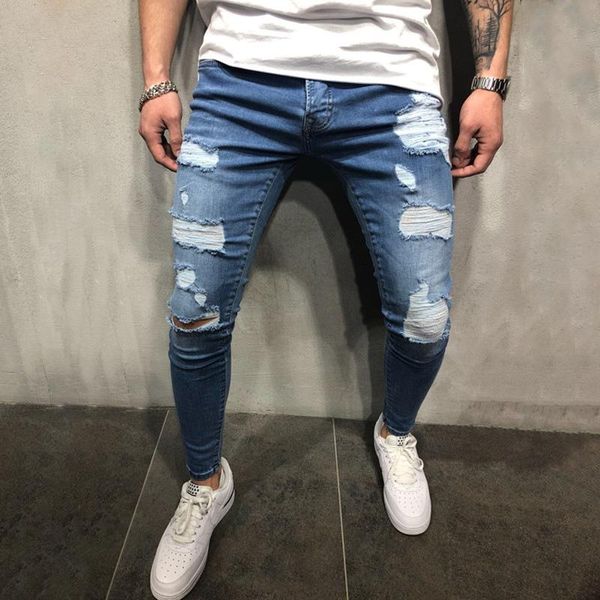 

2021 new casual men's jeans fashion personality frayed skinny jeans, Blue