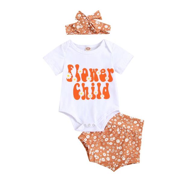 

clothing sets infant baby girls 3pcs summer outfits, short sleeve letter bodysuit + floral shorts headband set 0-18m, White