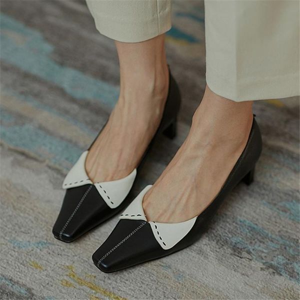 

dress shoes pxelena designer retro women pumps genuine leather mixed color kitten med heels office lady date daily 2021 autumn, Black