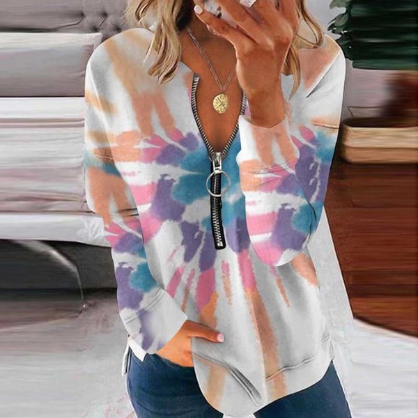 

women's blouses & shirts print zipper women blouse long sleeves v neck casual oversized harajuku clothing blusas y camisas 40#, White