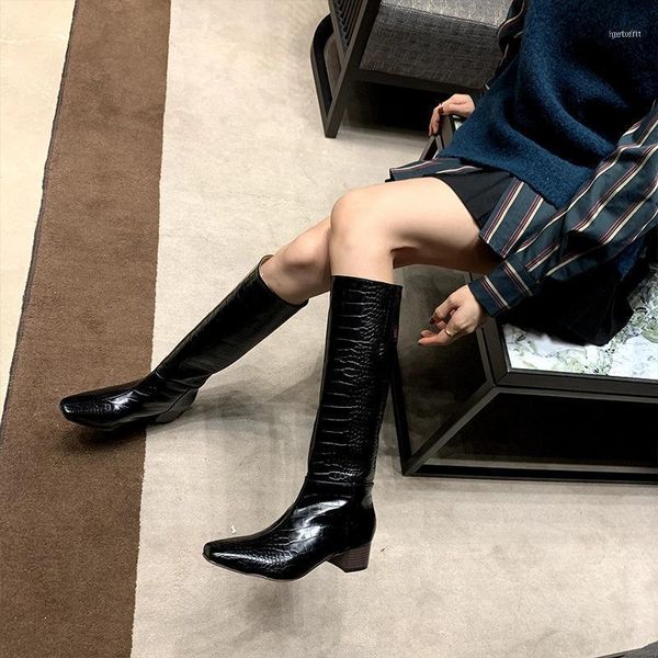 

boots medium block heel knee high black leather square toe slip on women dress winter yellow11