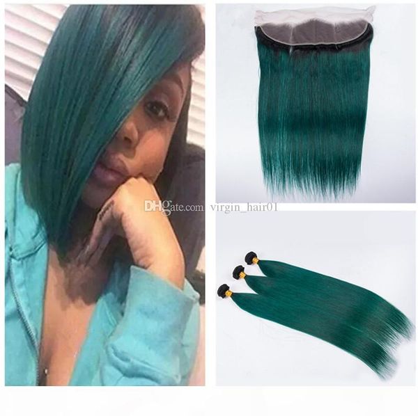 

straight green hair bundles with lace frontal 13*4 ear to ear lace frontal with bundles dark root green hair extensions, Black;brown