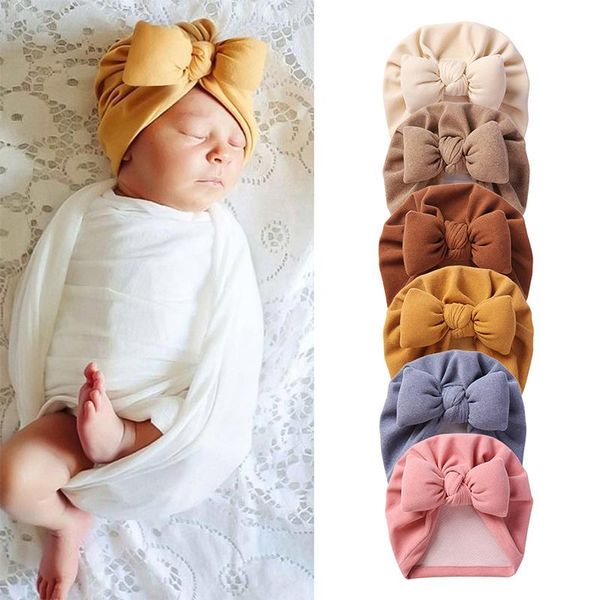 

caps & hats bows baby hat autumn winter kids girl boy bonnet cap solid color warm infant toddler beanies turban head wrapes accessories, Yellow