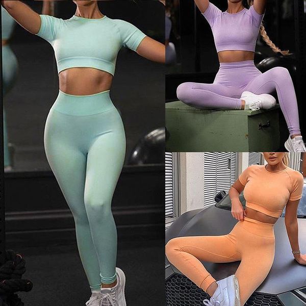 

women 2pcs seamless yoga set sport suit gymwear workout clothes long sleeve gym crop high waist leggings fitness sports wear, White;red