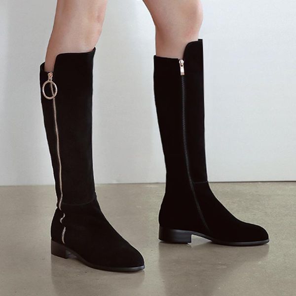 

boots circle zip design knee-high for women luxury stylish brand warm cow suede leather female footwear shoes, Black