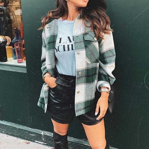 

winter plaid shirt jacekt loose oversize woolen coat women vintage button jacket windbreaker 201013, Black;brown