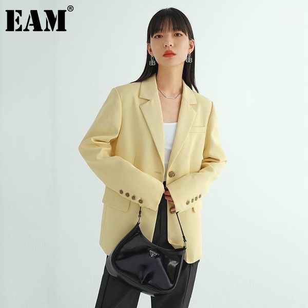 

[eam] women big size leisure yellow blazer notched collar long sleeve loose fit jacket fashion spring autumn 2021 1dd4937 women's suits, White;black