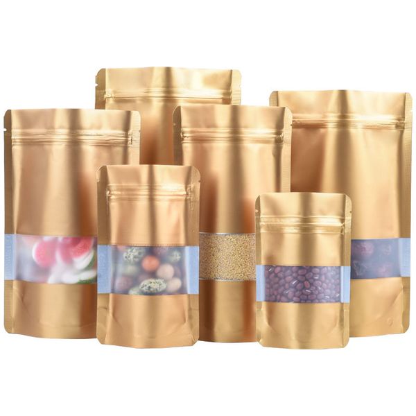 100 pezzi Stand up Oro opaco Foglio di alluminio Finestra Borsa con chiusura a zip Dorato richiudibile Carne Caffè in polvere Snack Noci Regali di Natale Buste per imballaggio termosaldanti