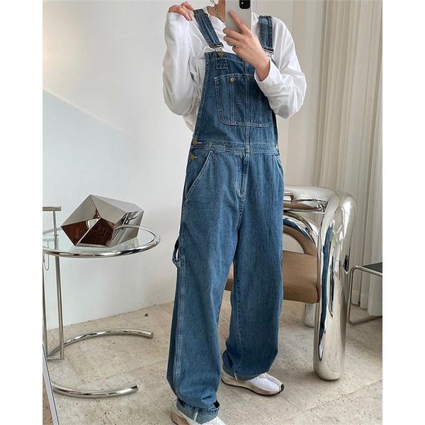 

women's jeans lmq women korean chic spring retro streetwear denim overalls loose wide straight leg trousers jumpsuits simple trendy, Blue