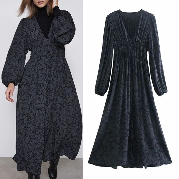 

New Black 2021 Printed Women Long Puff Sleeve Vintage Midi Dress Woman Hem Front Vent Ruched Casual Dresses 9c3m K9G9, Black;gray