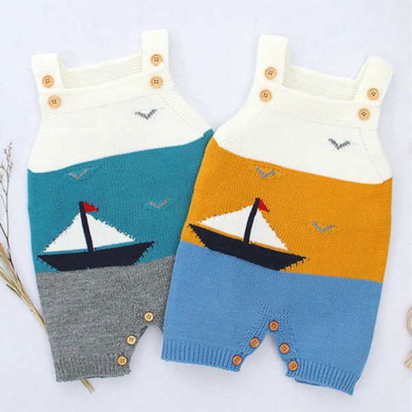 

boys girls cartoon boat knitting s autumn infant baby boy girl braces romper clothes, Blue