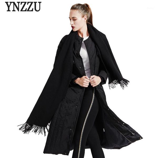 

ynzzu new design 2018 winter jacket women chic solid long scarf collar thicken warm 90% white duck down coat woman outwear o7351, Black