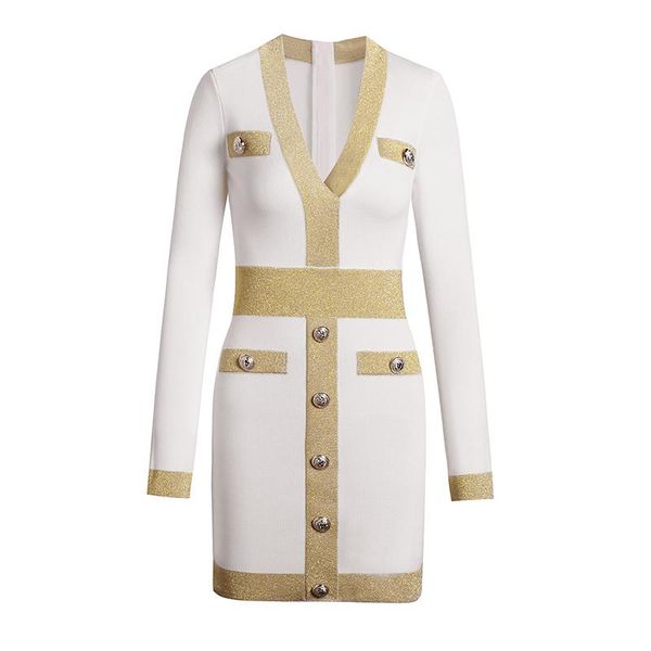 

spring autumn 2021 european new high-end texture stretch slim bright gold white knitted v-neck goddess casual short dress, Black;gray