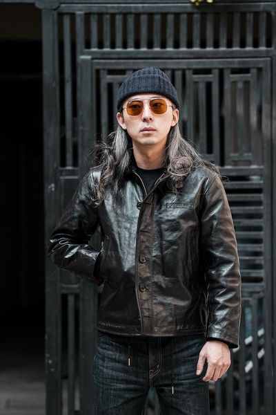 

men's leather & faux yr.american vintage oil tea core horsehide jacket.men classic casual n1 style coat.luxury warm, Black
