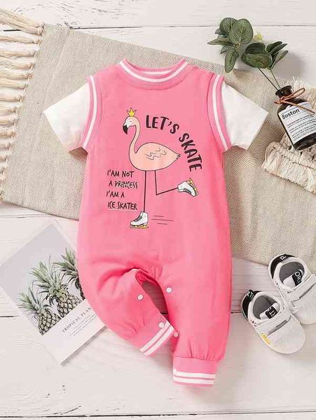 

baby flamingo & slogan graphic striped trim 2 in 1 jumpsuit she, Blue