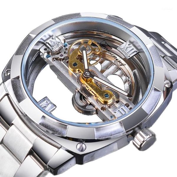 Orologi da polso Forsining Uomo Design trasparente Orologio meccanico Automatico Quadrato argentato Ingranaggi dorati Scheletro Cinture in acciaio inossidabile Orologio Saat