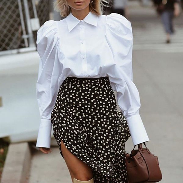 

2021 new spring sleeve white women elegant turn-down collar shirt chic lady single-breasted office blouses weqw