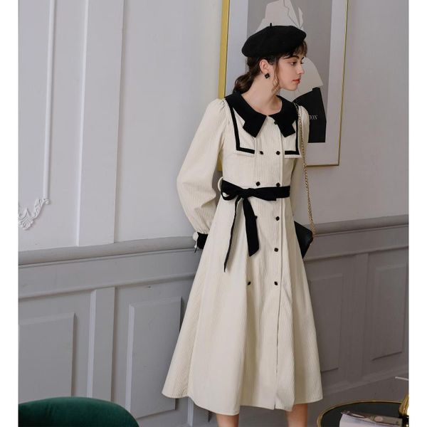 

women's trench coats autumn coat for women vintage hepburn style elegant slim cotton corduroy double-breasted casual belted skirt style, Tan;black