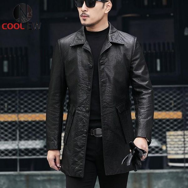 

men's leather & faux men real long jacket streetwear slim single breasted business sheepskin coat winter down plus size 6xl, Black