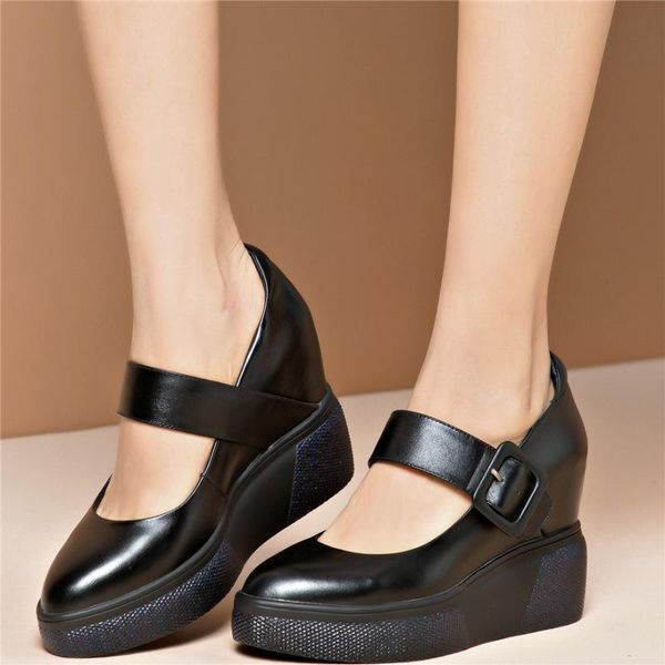 

boots low platform mary janes women genuine leather wedges high heel ankle female pointed toe fashion sneakers casual shoes, Black