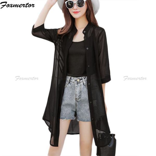 

women's blouses & shirts women casual kimono cardigan 2021 summer transparent black chiffon beach sunproof cardigans, White