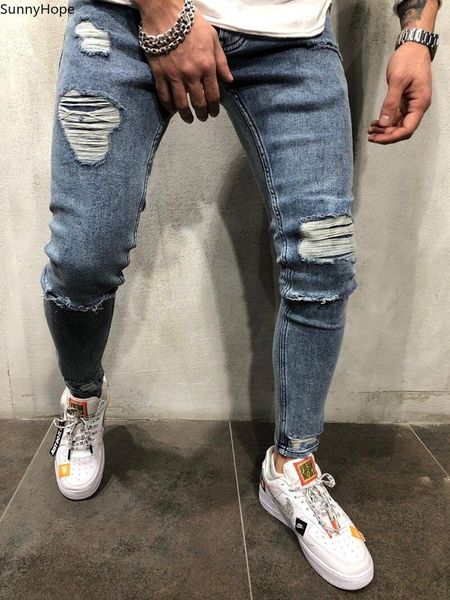 

men's jeans 2021men vintage streetwear ripped biker destroyed frayed men motorcycle joggers skinny denim pants fashion, Blue