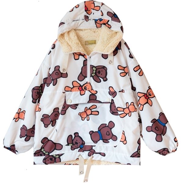 

vintage cute winter new design sweet cartoon bears print wool liner women pollover hooded parkas loose warm thick outwear coats 201014, Black