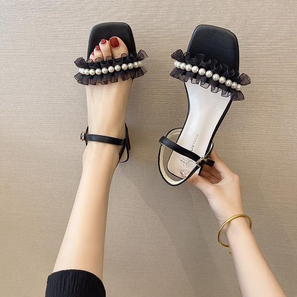 

sandals women 2021 summer fairy style beaded square toe solid color open slippers women's party sexy, Black