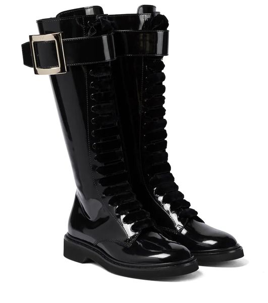 

with box women shoes luxury designer brand boots roge.r viv rangers knee booties strass metal buckle low heel round toes patent leather kne., Black