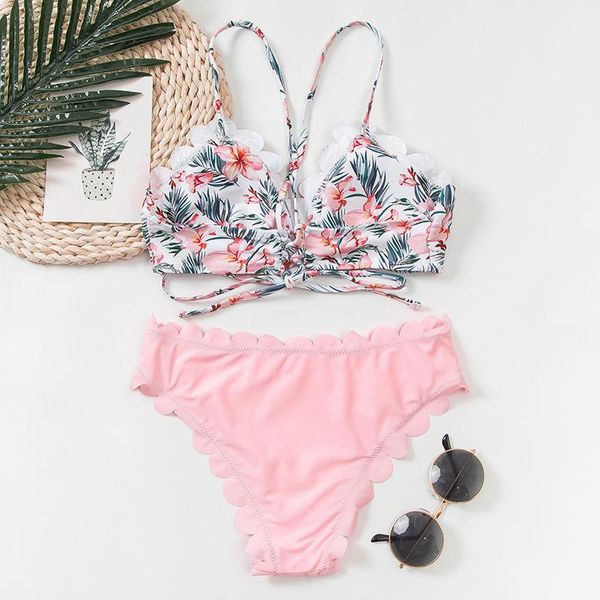 

2021 ladies bohemian flower swimwear summer polyester bikini set high waist line thin lace swimwear printed