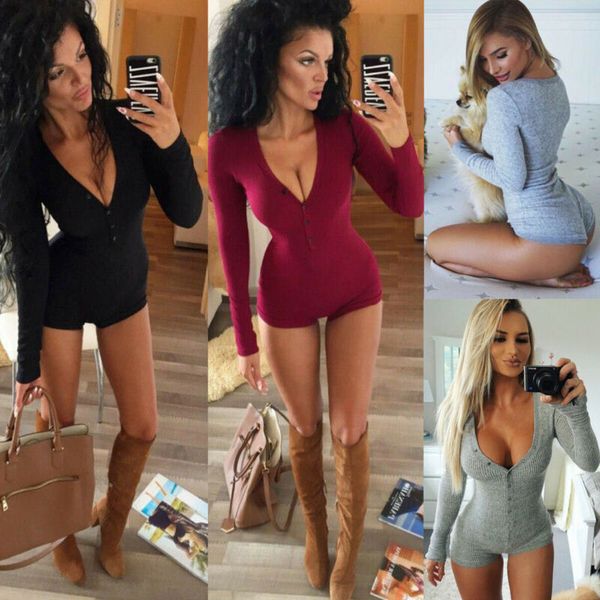 

women sexyy deep v neck playsuit bodycon clubwear jumpsuit solid color casual long sleeve romper bodysuit club short pants, Red;black