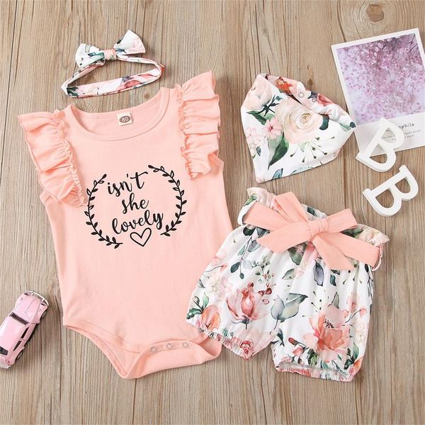

clothing sets 0-18m spring born infant baby girls letter romper floral shorts headbands bib outfits cute clothes vetement filles, White