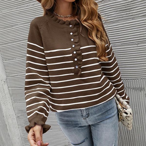

women's sweaters female sweater, ladies striped round neck long sleeve ruffled knitwear for fall winter, s//l/xl, White;black
