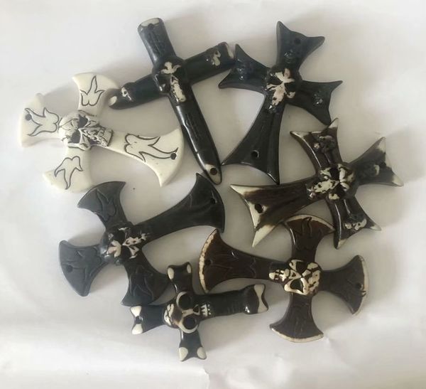 

9 pcs new handmade keychain car key ring tibetan yak bone retro mixed cross style jewelry accessories, Slivery;golden