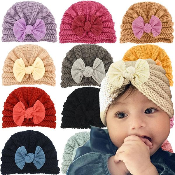 

caps & hats cartoon bows baby hat winter thick warm soft knitted born turban solid color infant kids girl beanie, Yellow