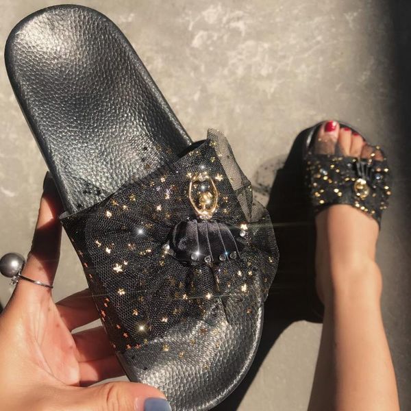 

shoes slippers casual slides big size luxury flat summer bling fashion basic fabric pu pvc shoes slippers flat luxury slides, Black