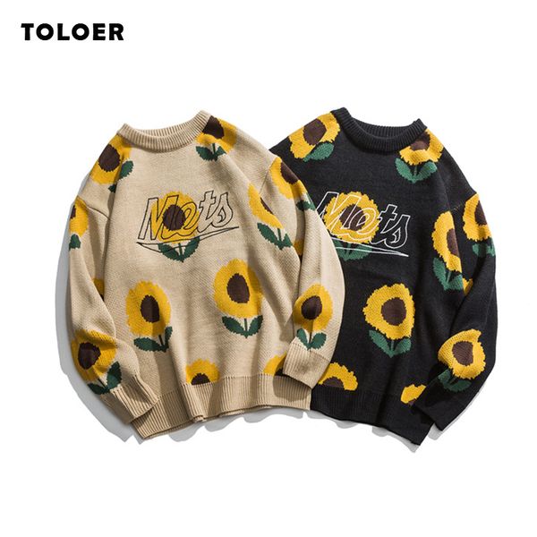 

casual sweaters mens sunflower pattern o-neck fit knitted loose men pullover harajuku style couple long sleeve 2021 new, White;black