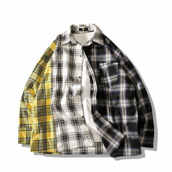 

men's casual shirts hip men hop plaid streetwear color block patchwork shirt male autumn cotton long sleeve, White;black