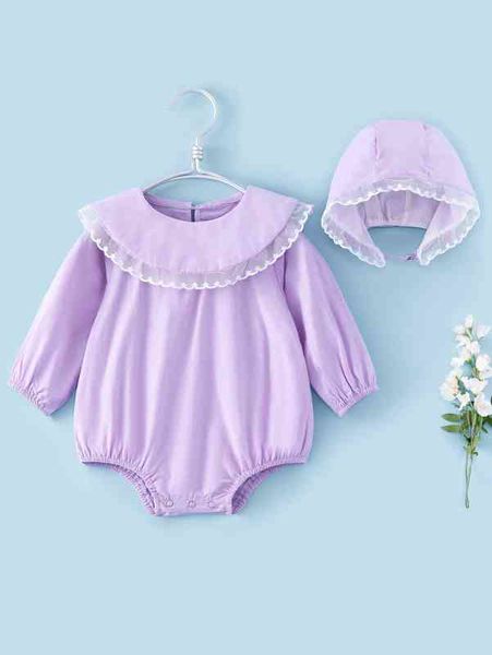 

baby contrast lace bishop sleeve bodysuit with hat she, Blue