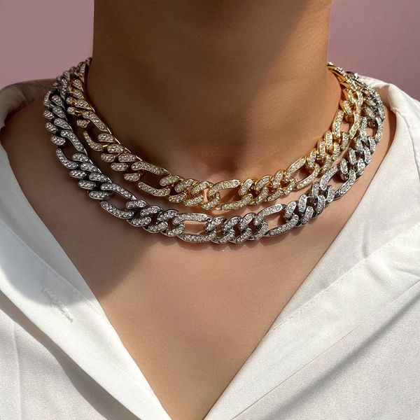 

chains iced out miami cuban link choker necklace women men aestheitc vintage chunky metal chain rhinestones paved rapper rock jewelry, Silver