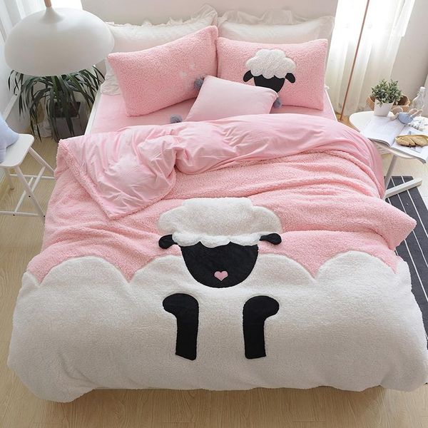 

bedding sets thick flannel lovely lamb cartoon sheep set warm fleece embroidery duvet cover flat sheet  pillowcases fitted size