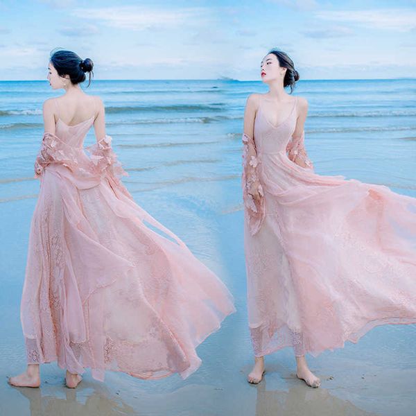 

yosimi long women dress spring evening party maxi lace two pieces fairy butterfly 3d embroidery elegant dresses pink 210604, Black;gray