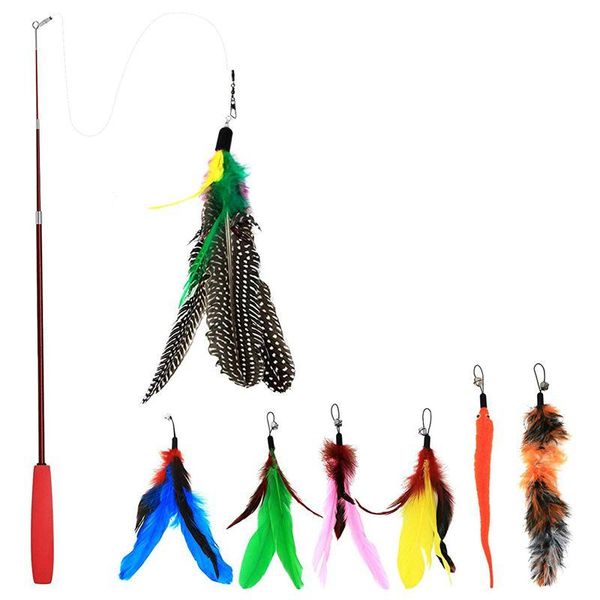 

cat toys retractable interactive feather teaser wand toy with 7 refills feathers birds worms catcher for cats kitten