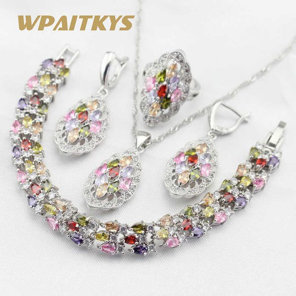 

multicolor stones cz silver color jewelry sets for women charms necklace pendant bracelets drop earrings rings gift box h1022
