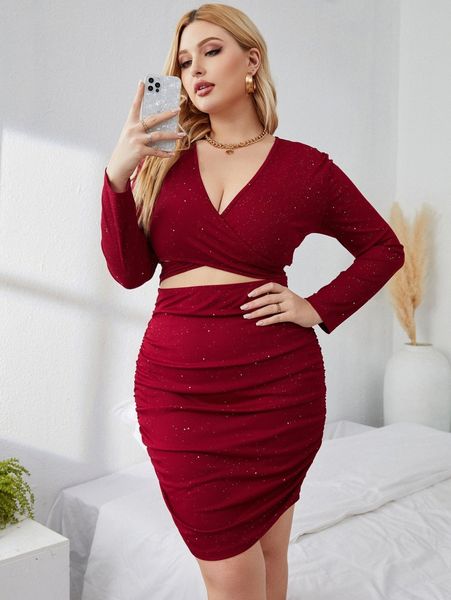 

plus cross wrap cut out ruched bodycon dress x88z#, Black