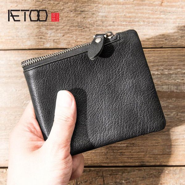 

wallets aetoo men's short ultra-thin wallet, leather horizontal zippered small handmade card bag, wallet, Red;black