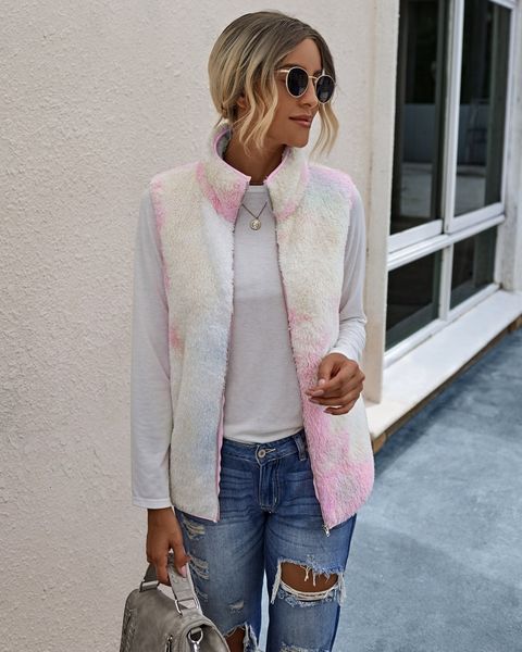 

2021 new sleeveless autumn winter casual coat for tie dye turtleneck faux fur vest women fashion warm tank vests outwear cup8, Black;white