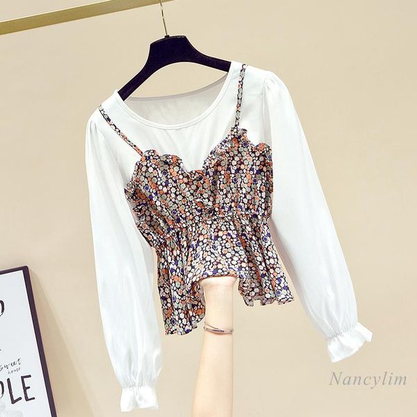 

women's blouses & shirts blusas femme 2021 spring temperament fake two pieces vintage floral chiffon top, White